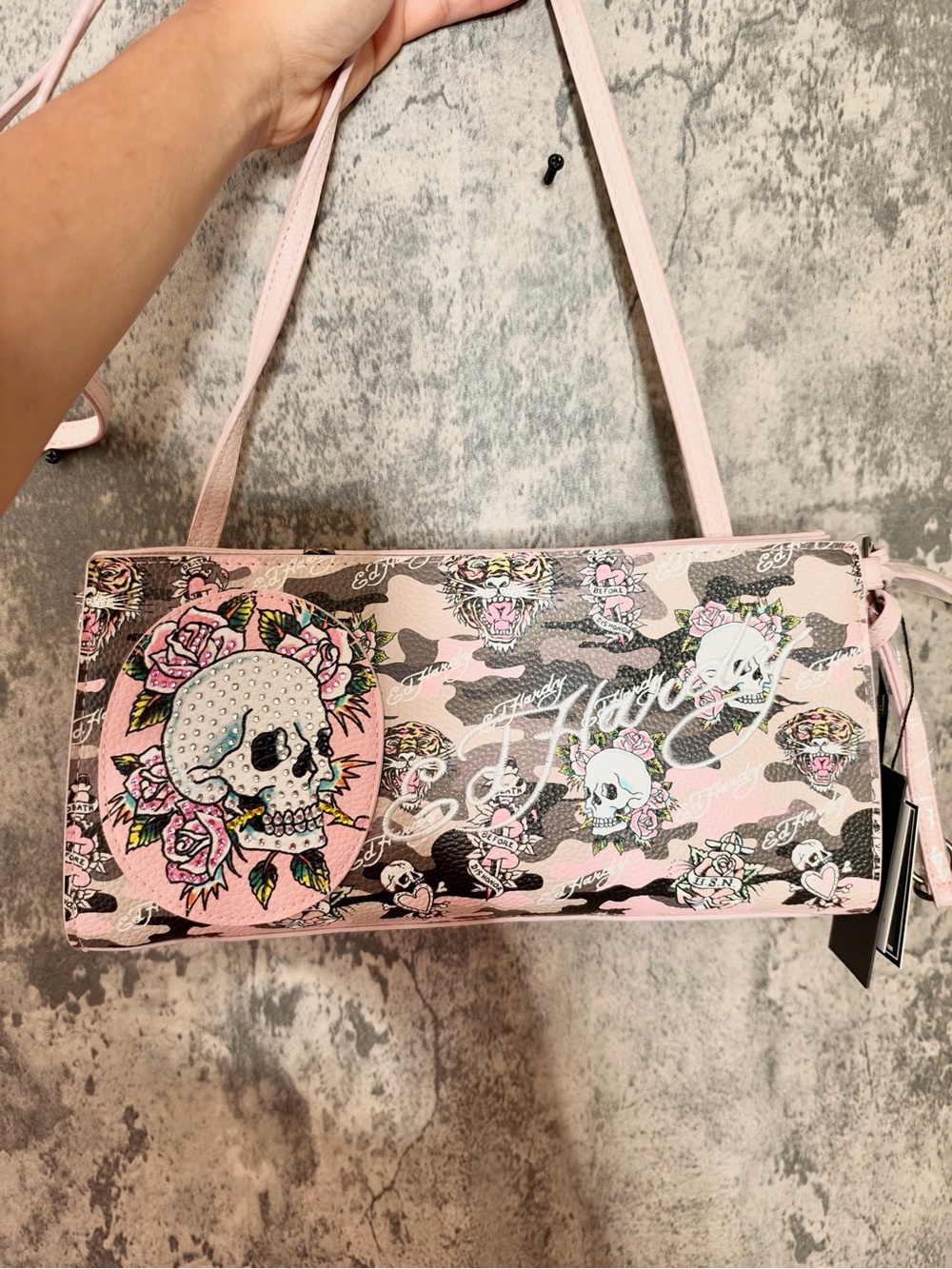 Ed Hardy Pink Floral Skull Crossbody Bag